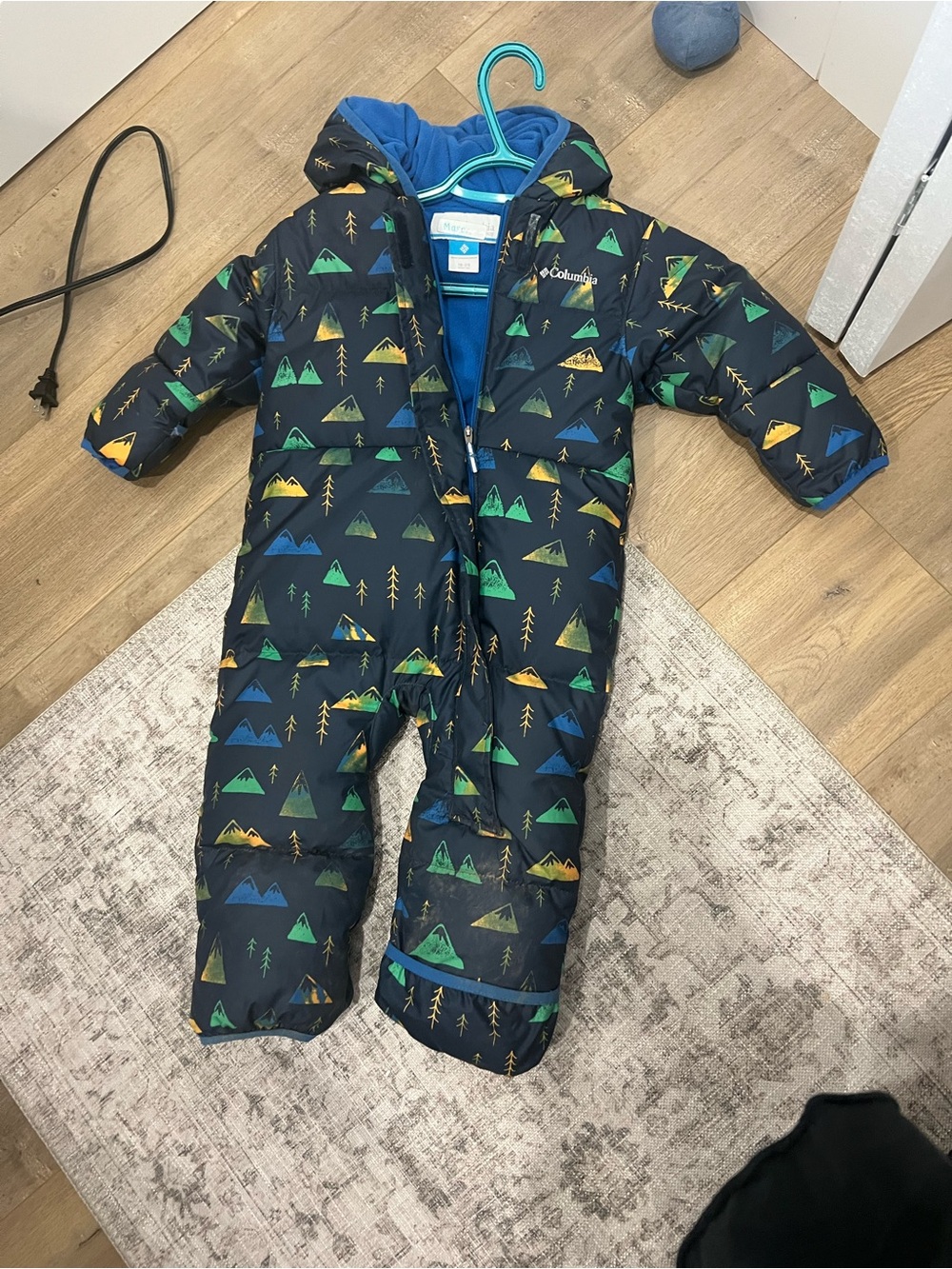 Columbia Navy Blue Green Yellow Mountain Print Baby Puffer Snowsuiti